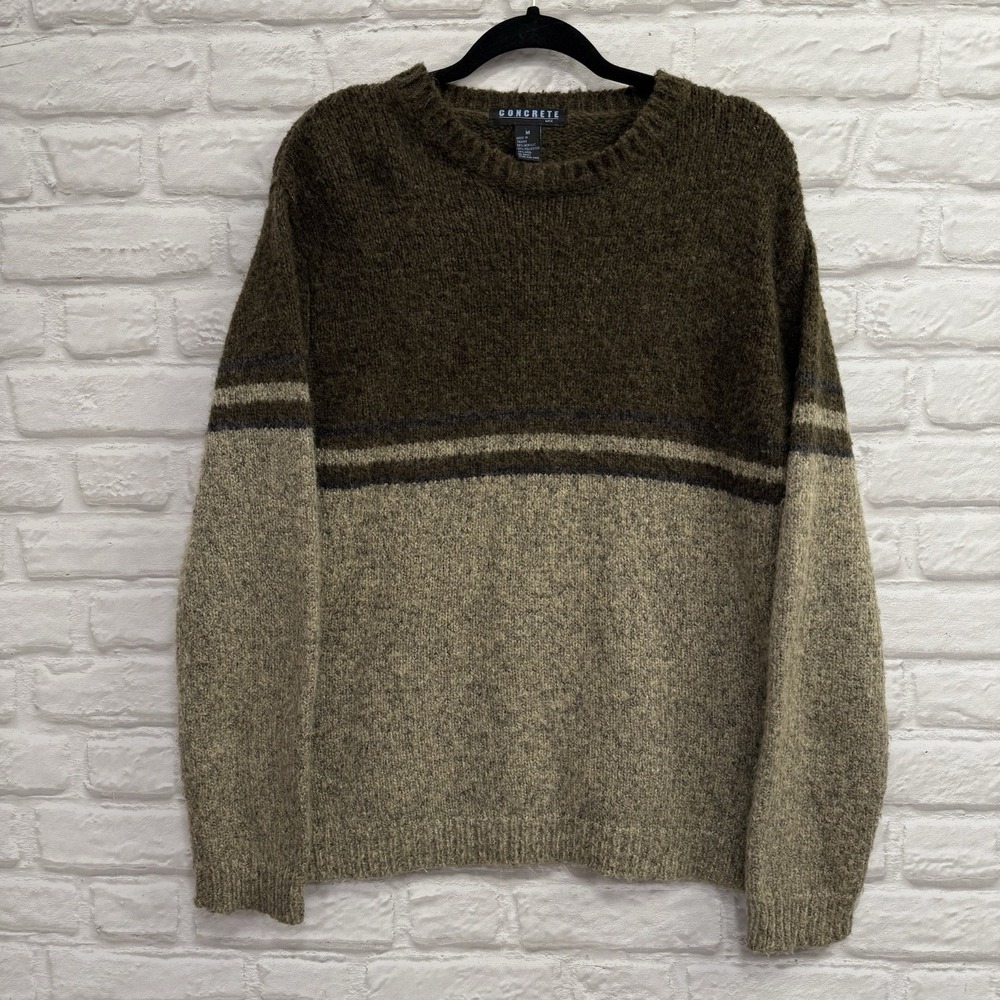 Concrete Mix Mens Chunky Knit Wool Blend Sweater Sz Medium Tan Striped Cabincore